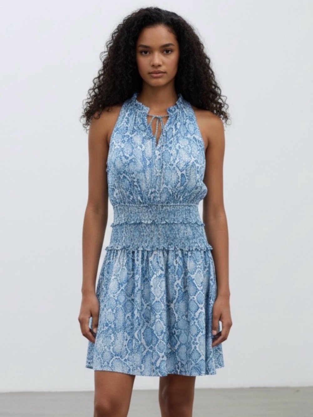 Anthropologie Current Air Phyton Print Mini Dress Size L Ruffle Smocked Waist